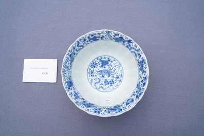 A Chinese blue and white lobed 'carps and crab' bowl, Kangxi