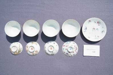 Eight Chinese famille rose and iron-red covered bowls with two stands, 19th C.