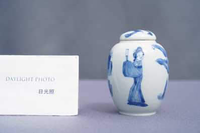 Een Chinese blauw-witte theebus met deksel, Kangxi