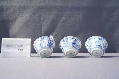 Six Chinese blue and white cups and saucers, Kangxi