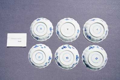 Six Chinese blue and white cups and saucers, Kangxi