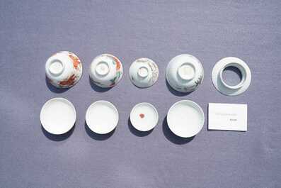 Eight Chinese famille rose and iron-red covered bowls with two stands, 19th C.