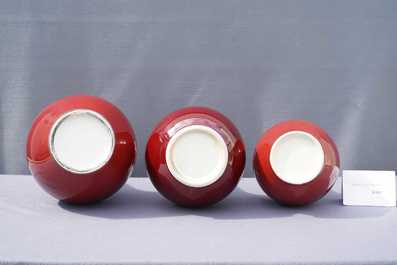 Three Chinese monochrome sang de boeuf-glazed bottle vases, 19/20th C.