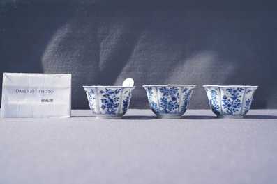 Six Chinese blue and white cups and saucers, Kangxi
