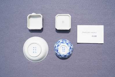 Een Chinees blauw-wit bord, een kom en een dekseldoos, Qianlong en Guangxu merk, 19/20e eeuw