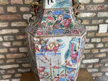 A large Chinese hexagonal famille rose vase, 19th C.