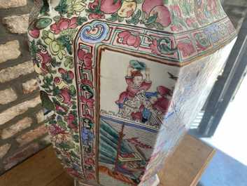 A large Chinese hexagonal famille rose vase, 19th C.