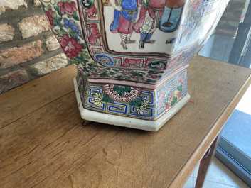 A large Chinese hexagonal famille rose vase, 19th C.