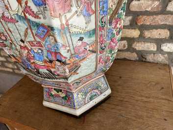 A large Chinese hexagonal famille rose vase, 19th C.