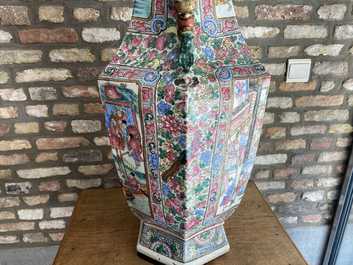 A large Chinese hexagonal famille rose vase, 19th C.