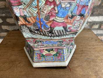 A large Chinese hexagonal famille rose vase, 19th C.