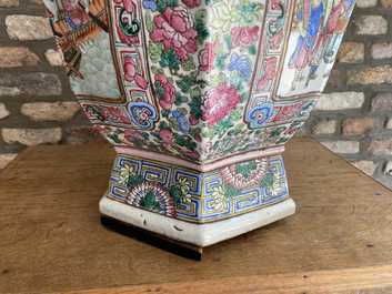 A large Chinese hexagonal famille rose vase, 19th C.