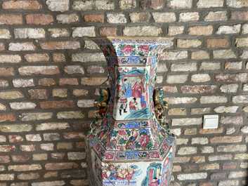 A large Chinese hexagonal famille rose vase, 19th C.