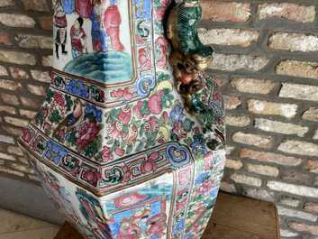 A large Chinese hexagonal famille rose vase, 19th C.