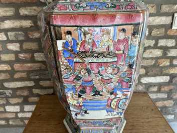 A large Chinese hexagonal famille rose vase, 19th C.