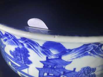 A large Chinese blue and white 'landscape' censer, Qianlong