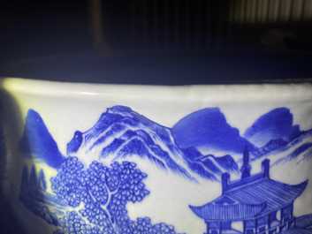 A large Chinese blue and white 'landscape' censer, Qianlong