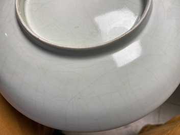 A Chinese monochrome celadon underglaze 'dragon' dish, Qianlong/Jiaqing