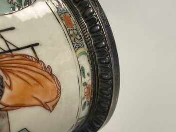 A pair of Chinese silver-mounted cylindrical famille verte covered jars, Kangxi