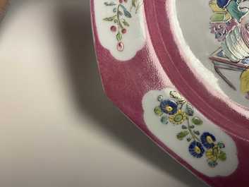 A Chinese octagonal famille rose 'ruby border' plate, Yongzheng