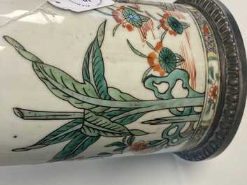 A pair of Chinese silver-mounted cylindrical famille verte covered jars, Kangxi
