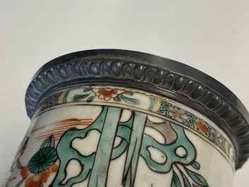 A pair of Chinese silver-mounted cylindrical famille verte covered jars, Kangxi