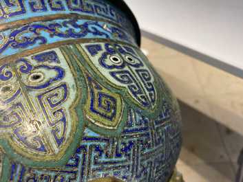 A large Chinese cloisonn&eacute; tripod censer and cover, Qianlong