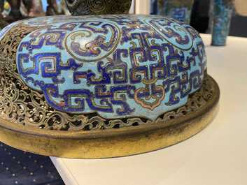 A large Chinese cloisonn&eacute; tripod censer and cover, Qianlong