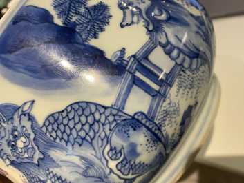 A Chinese blue and white 'mythical beasts' censer, Transitional period