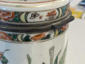 A pair of Chinese silver-mounted cylindrical famille verte covered jars, Kangxi