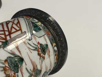 A pair of Chinese silver-mounted cylindrical famille verte covered jars, Kangxi