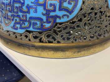 A large Chinese cloisonn&eacute; tripod censer and cover, Qianlong