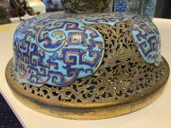 A large Chinese cloisonn&eacute; tripod censer and cover, Qianlong
