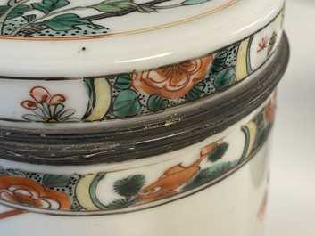 A pair of Chinese silver-mounted cylindrical famille verte covered jars, Kangxi