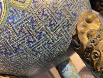 A large Chinese cloisonn&eacute; tripod censer and cover, Qianlong