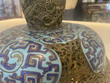A large Chinese cloisonn&eacute; tripod censer and cover, Qianlong