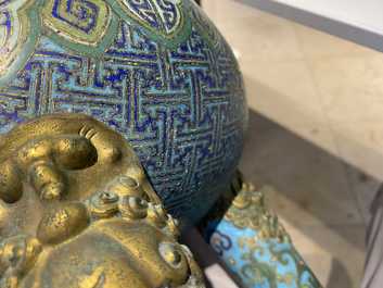 A large Chinese cloisonn&eacute; tripod censer and cover, Qianlong