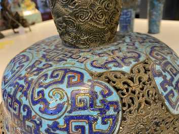 A large Chinese cloisonn&eacute; tripod censer and cover, Qianlong