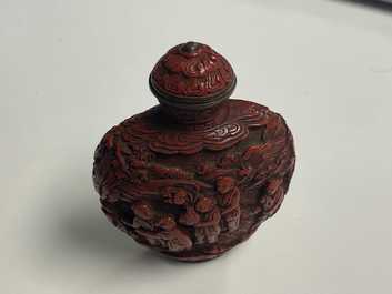 A Chinese carved red cinnabar lacquer 'boys at play' snuff bottle, imperial workshops, Qianlong/Jiaqing