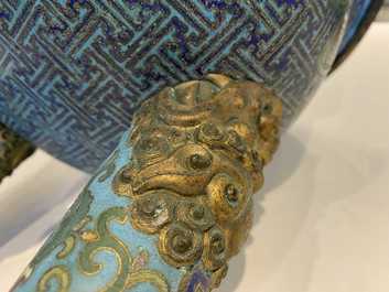 A large Chinese cloisonn&eacute; tripod censer and cover, Qianlong