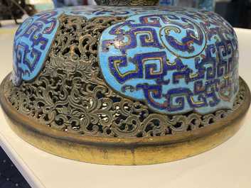 A large Chinese cloisonn&eacute; tripod censer and cover, Qianlong