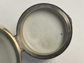 A pair of Chinese silver-mounted cylindrical famille verte covered jars, Kangxi