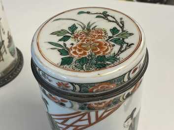 A pair of Chinese silver-mounted cylindrical famille verte covered jars, Kangxi