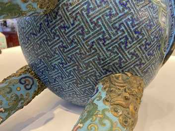 A large Chinese cloisonn&eacute; tripod censer and cover, Qianlong