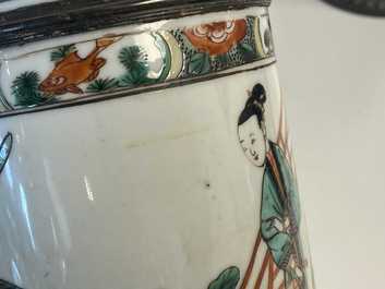 A pair of Chinese silver-mounted cylindrical famille verte covered jars, Kangxi