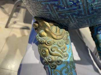A large Chinese cloisonn&eacute; tripod censer and cover, Qianlong