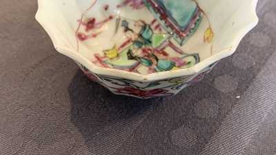 A lobed Chinese famille rose cup and saucer, Yongzheng
