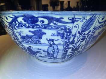 A large Chinese blue and white kraak porcelain bowl, Wanli