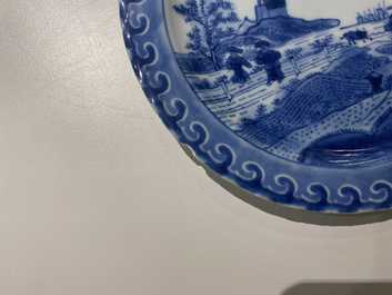 Six Chinese blue and white 'Scheveningen' plates, Kangxi