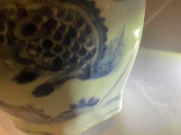 A large Chinese blue and white 'qilin' wine ewer and cover, Transitional period